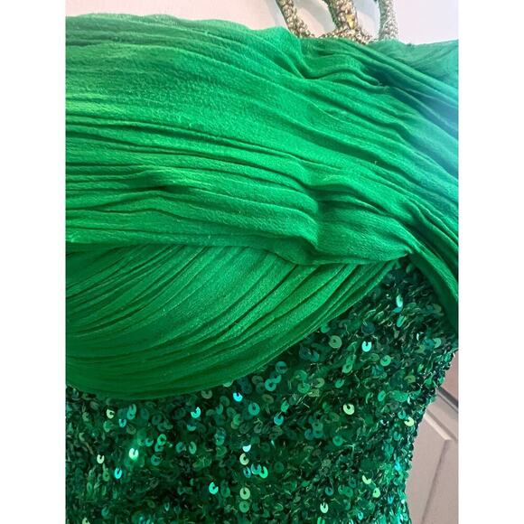 SCALA 100% SILK TOP SEQUINED BEADED NECK FLOOR LENGTH GREEN GOWN WOMENS SIZE 5 - Picture 6 of 15